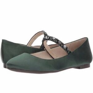 Louise et Cie Emerald Green Satin Embellished Mary Jane strap Flats Sz 6.5